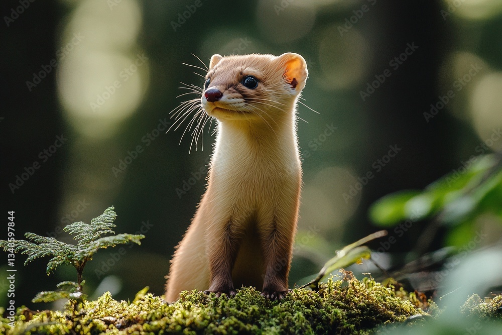 A young yellow-brown weasel sits on mossy ground in a forest, looking upward. Soft light bathes its fur. A young yellow-brown weasel sits on mossy ground in a forest, looking upward. Soft light bathes its fur.