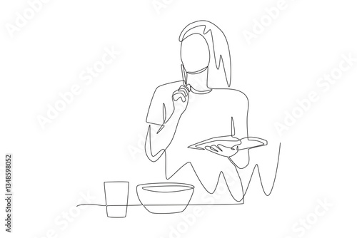 Woman thinking about meal schedule during keto diet program. Keto concept one-line drawing