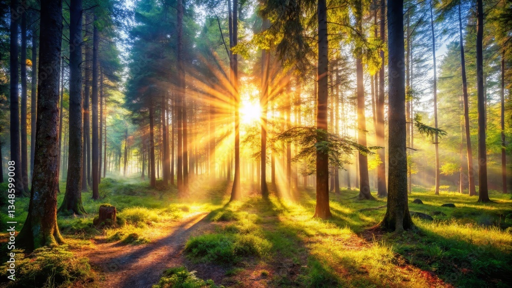 Obraz premium Sunbeams Through Forest Trees