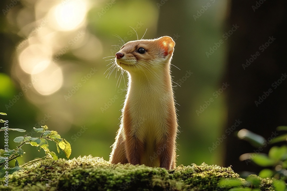 Fototapeta premium A small, light brown weasel sits on a mossy surface in a forest, bathed in the golden light of the setting sun.