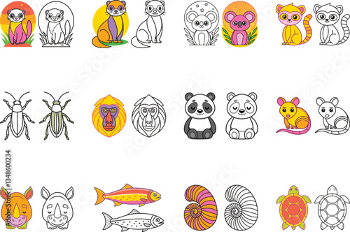 Adorable Animal Illustrations Collection Featuring Cartoon Ferrets Pandas Koalas Lemurs Insects Rhinoceroses Fish and Sea Shells