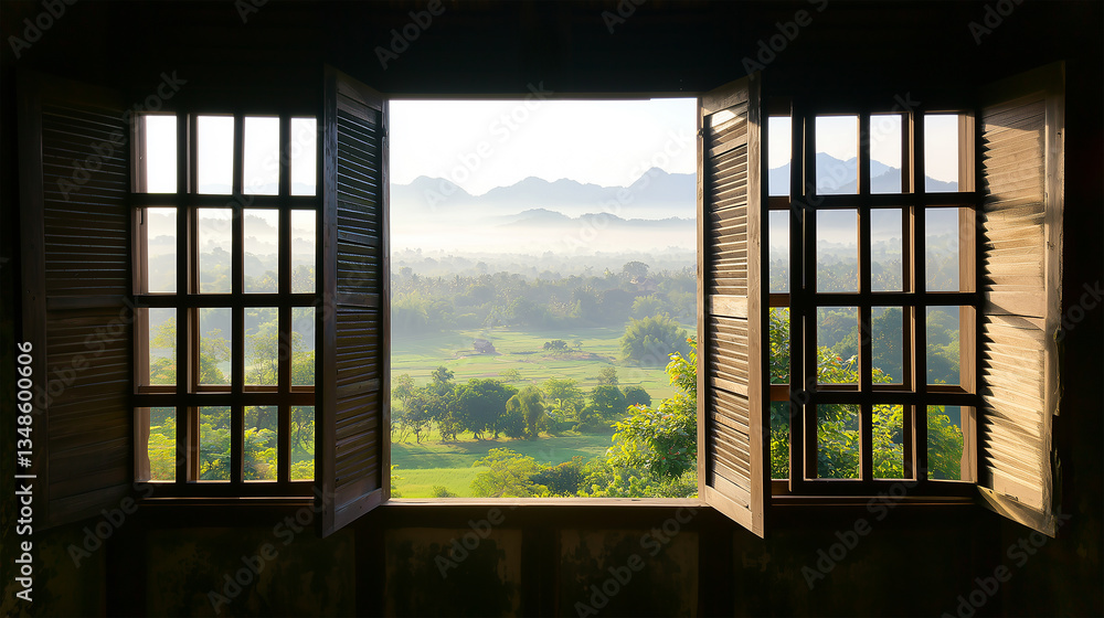 Fototapeta premium Morning Sunlight Over Mountains Seen Through Window