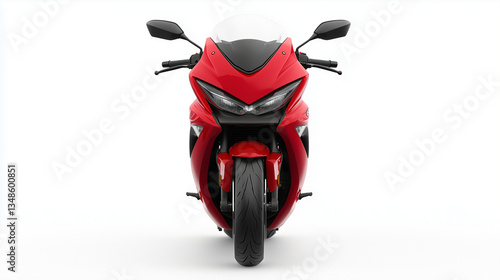 Front view of a red motorcycle, isolated on a clean white background. Modern design and sporty look for automotive and transportation themes.