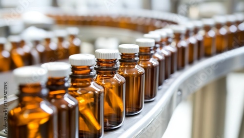 Wallpaper Mural Amber glass bottles on a conveyor belt in a pharmaceutical factory Torontodigital.ca