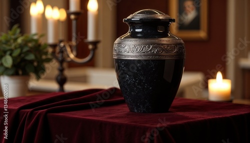 A black funeral urn on a velvet tablecloth, surrounded by lit candles and fresh flowers, creating a solemn, respectful, and peaceful memorial setting.