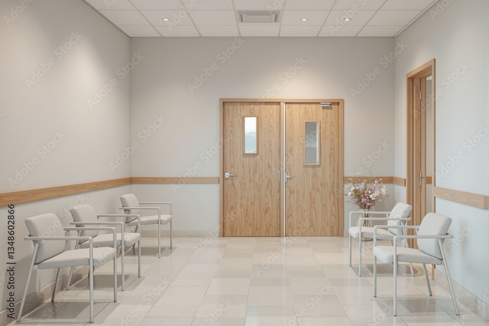 Fototapeta premium Modern hospital waiting area with white chairs, tiled floor, and wooden doors.