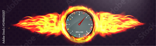 Speedometer with fire effect, fast acceleration, racing speed, glowing arrows, futuristic motion, fiery power, burning energy, digital performance.
