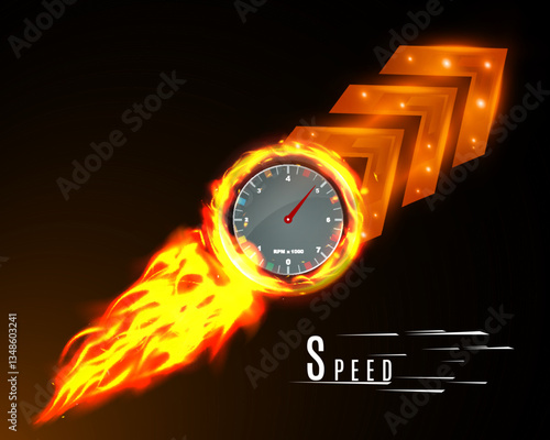 Speedometer with fire effect, fast acceleration, racing speed, glowing arrows, futuristic motion, fiery power, burning energy, digital performance.
