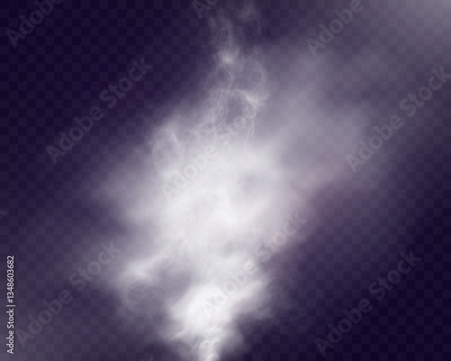 Realistic white smoke on transparent background with soft swirling effect, misty fog, airy vapor, atmospheric haze, drifting smog, subtle steam, floating cloud, delicate fumes.
