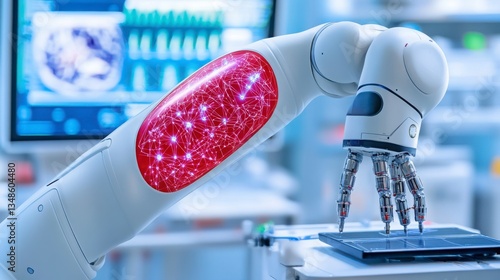 Advanced robotic arm with red holographic interface in laboratory setting