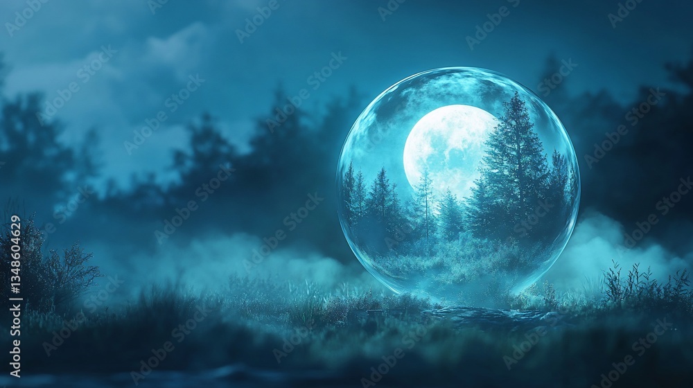 Naklejka premium Moonlit forest sphere, mystical night scene, fantasy art, desktop wallpaper