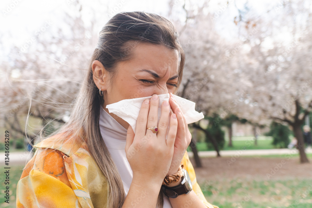 Spring allergy and a woman blowing her nose in a paper tissue Spring allergy and a woman blowing her nose in a paper tissue