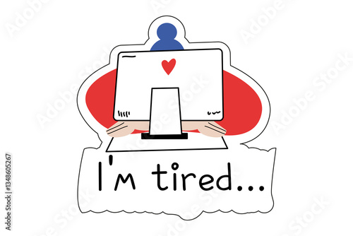 Tired Woman works at laptop computer. Freelancer taking notes. Flat vector illustration isolated on white background. Funny sticker