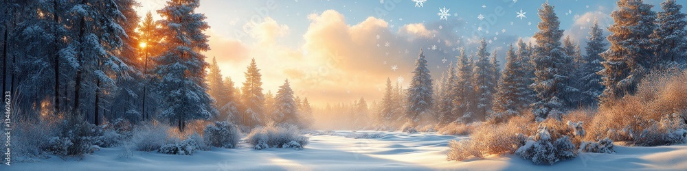 Snowy Landscape with Pine Trees and Blue Sky Decorated with Christmas Tree Balls Snowy Landscape with Pine Trees and Blue Sky Decorated with Christmas Tree Balls