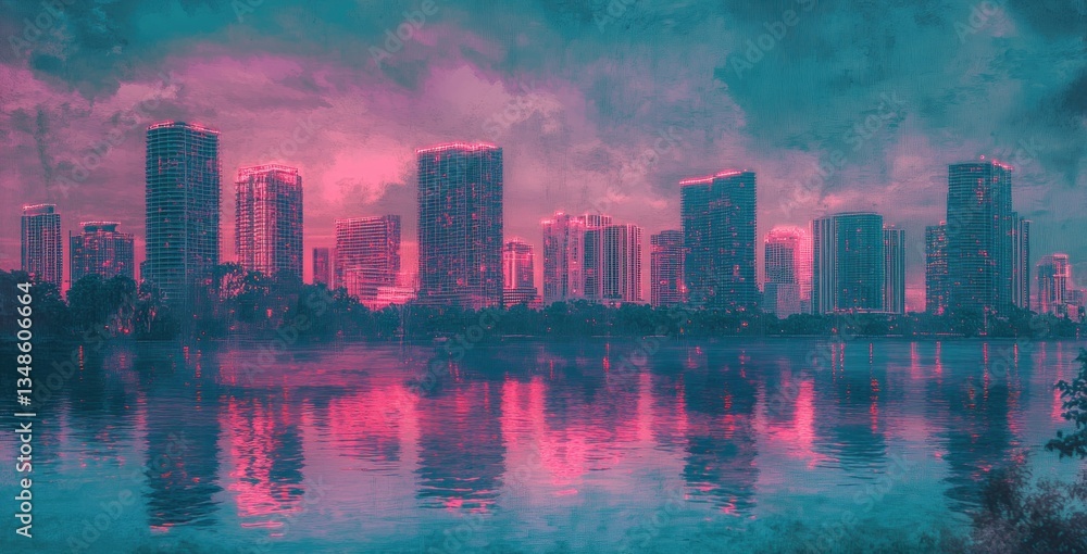 Fototapeta premium A City Skyline Reflected in a Calm Body of Water