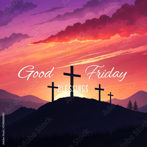 Silhouette of crosses on a mountain top at sunset with clouds, energy turbines, symbolizing Good Friday blessings and faith.