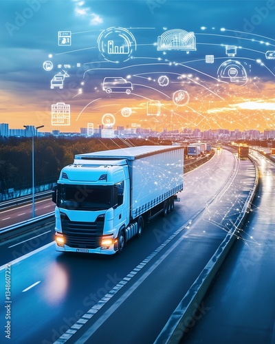 Smart Logistics: A modern freight truck navigates a bustling highway, integrated with digital data streams illustrating advanced logistics technology, efficient transport solutions.