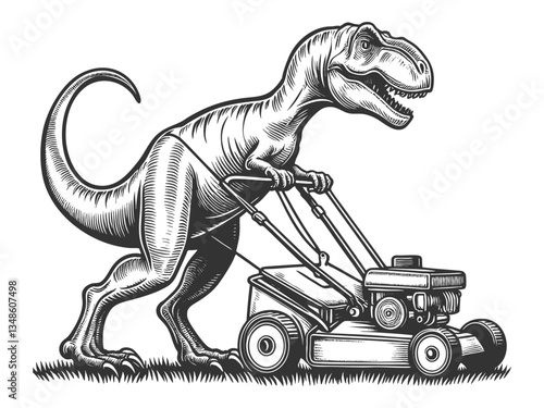 T-Rex Mowing the Lawn with a Push Mower vector