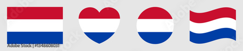 Set of netherlands flags isolated. Netherlands flags set in square, circle, waving flag and heart shape icons various designs element. Netherlands flag collection different style. Vector illustration.