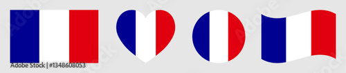 Set of France flags isolated. France flags set in square, circle, waving flag and heart shape icons various designs element. France flags collection different style. Vector illustration.