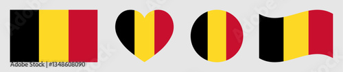 Set of Belgium flags isolated. Belgium flags set in square, circle, waving flag and heart shape icons various designs element. Belgium flags collection different style. Vector illustration.
