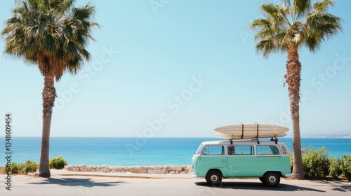 Fototapeta Naklejka Na Ścianę i Meble -  Retro van on beach, palm trees, sunny day