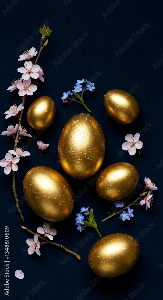 Fototapeta premium Golden Easter Eggs and Pink Blossoms on Dark Blue Background for Spring Celebration
