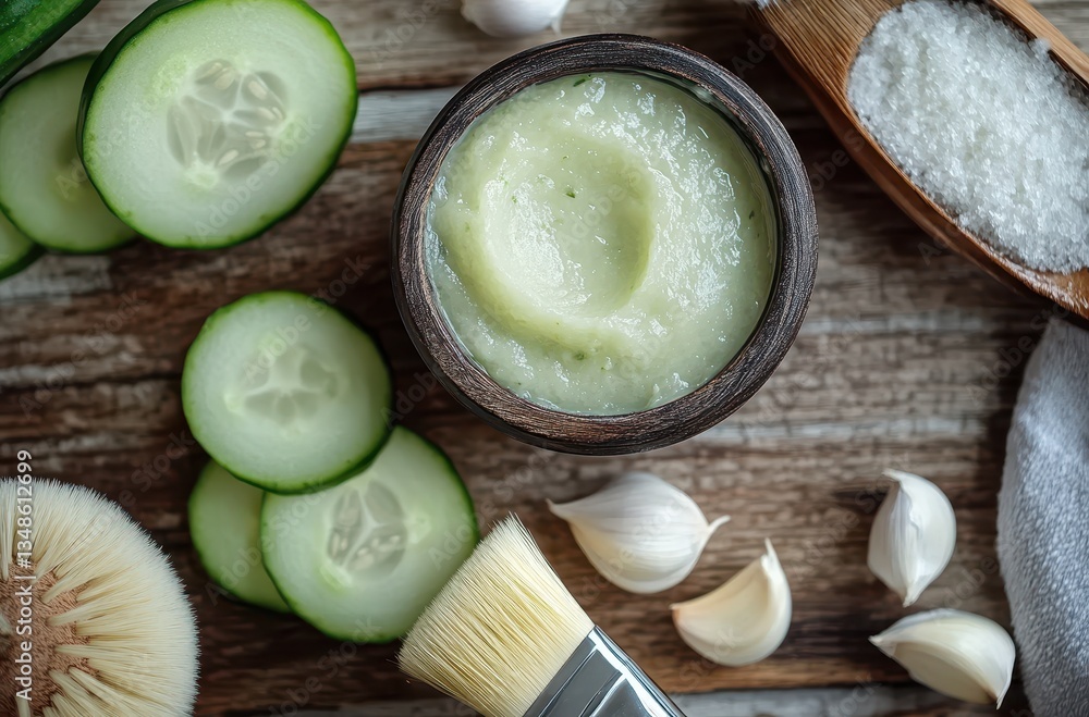 Natural Cucumbers and Garlic Face Scrub with Sea Salt in Wooden Bowl Surrounded by Fresh Ingredients on a Rustic Wooden Table Natural Cucumbers and Garlic Face Scrub with Sea Salt in Wooden Bowl Surrounded by Fresh Ingredients on a Rustic Wooden Table