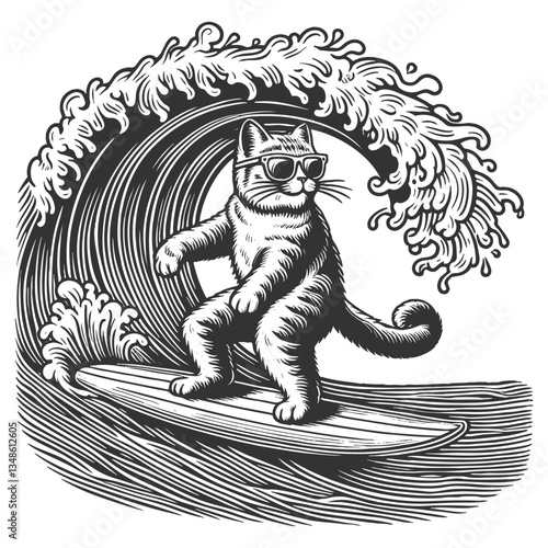 Cool Surfing Cat Riding a Wave vector illustration
