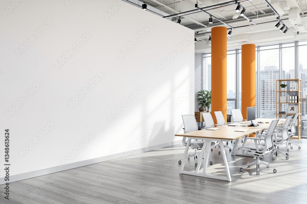Fototapeta premium Modern office interior with large blank white wall for presentation.