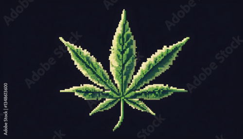Pixel Cannabis Leaf in Classic Retro Video Game Style, Isolated with a Vintage Feel