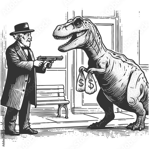 T-Rex Holding Money Bags Confronted by Gunman