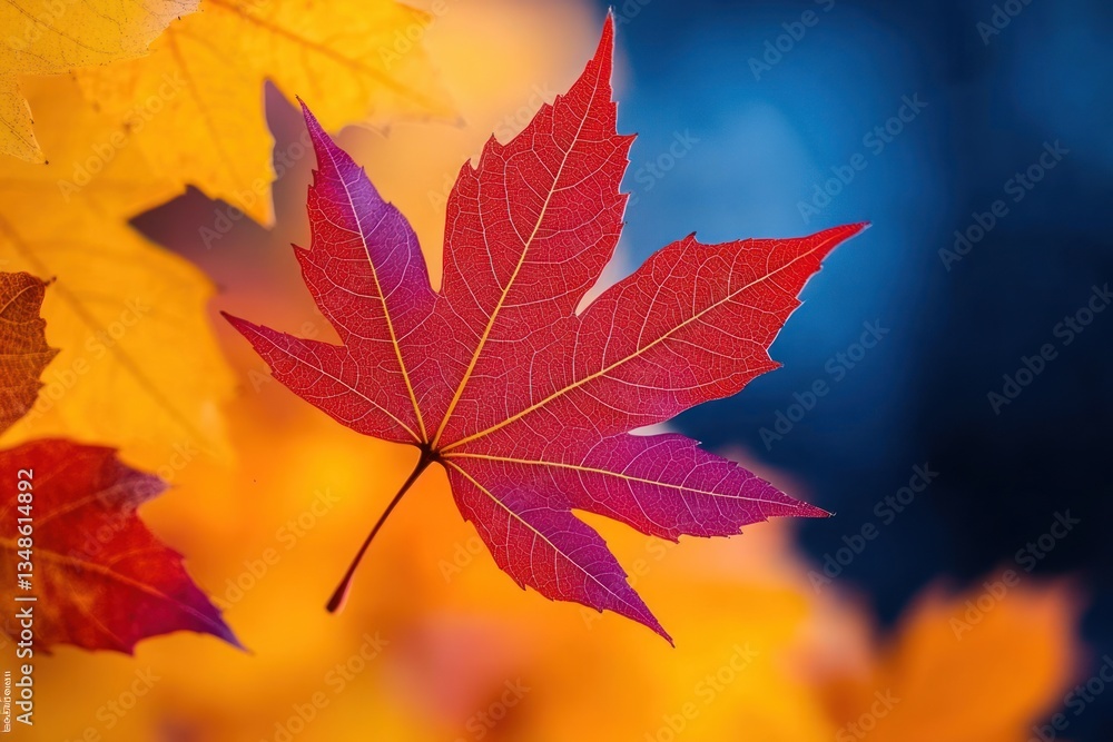 Vibrant red maple leaf with blurred orange and yellow autumn foliage in soft natural light Vibrant red maple leaf with blurred orange and yellow autumn foliage in soft natural light