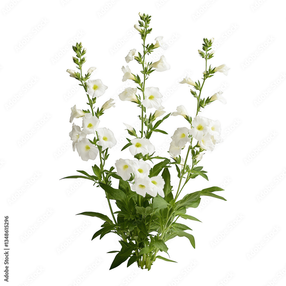 Obraz premium A white flower with green leaves is in the foreground. The flower is surrounded by green leaves and is the main focus of the image