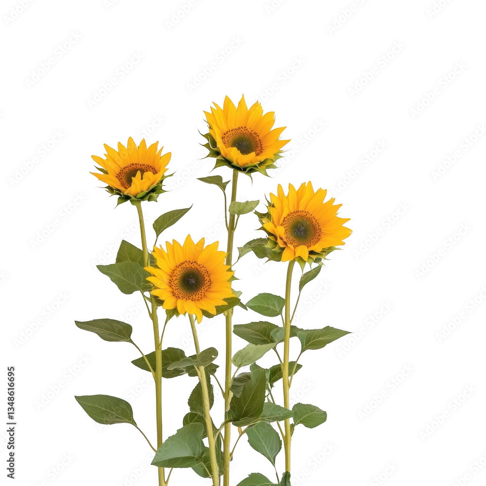 Fototapeta premium A bunch of sunflowers are standing tall and bright. The flowers are yellow and have a cheerful, sunny appearance. Concept of warmth and happiness