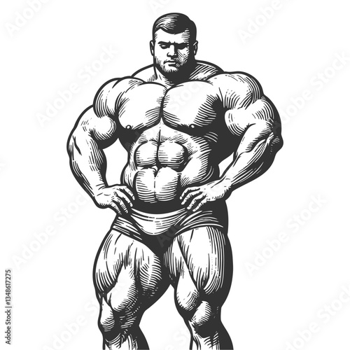 massive, muscular strongman standing confidently with hands on hips, showcasing power, strength, and detailed anatomy sketch engraving generative ai vector illustration. Scratch board. Black and white