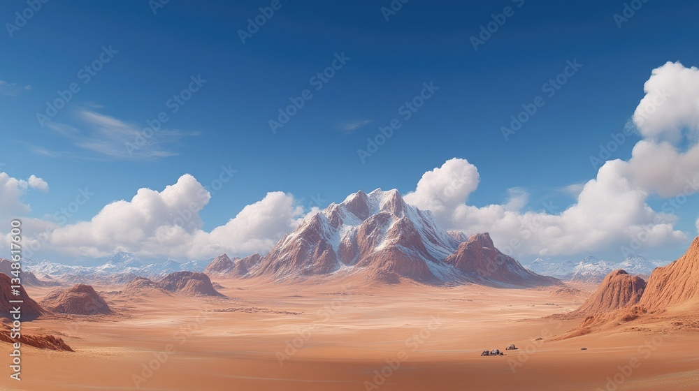 Naklejka premium Sunny desert landscape with snow-capped mountains. 