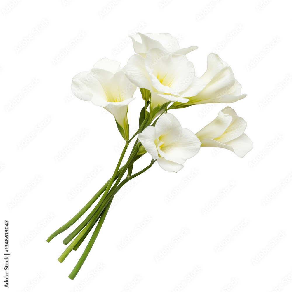Obraz premium A bouquet of white flowers with green stems. The flowers are arranged in a way that they are standing upright and are not overlapping each other. The bouquet is placed on a white background