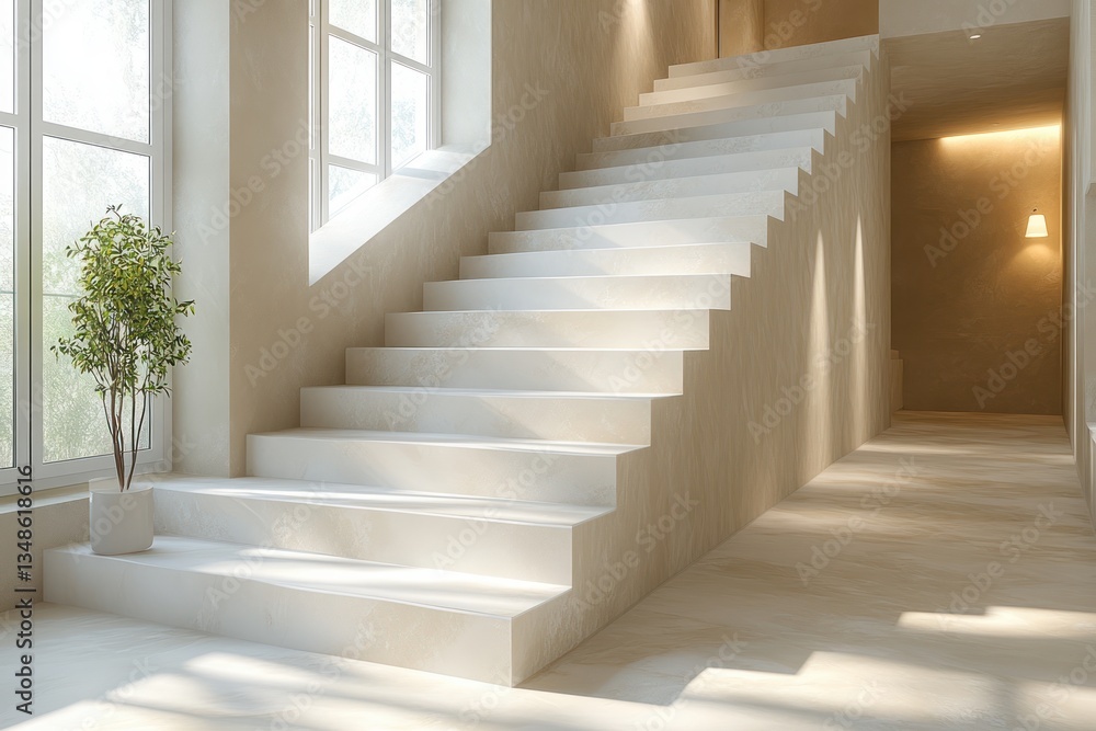 Minimalist Interior with White Staircase Beige Walls Soft Lighting Modern Scandinavian Design Minimalist Interior with White Staircase Beige Walls Soft Lighting Modern Scandinavian Design
