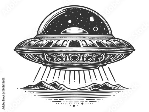 UFO flying saucer hovering over mountainous forest landscape, emitting bright beam of light, with stars and planets sketch engraving generative ai vector illustration. Scratch board. Black and white.