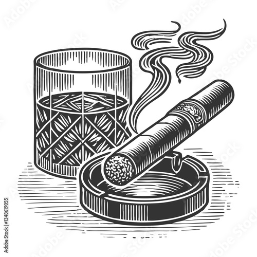 classic cigar resting on an ashtray, accompanied by a whiskey glass with ice and a cigar cutter sketch engraving generative ai vector illustration. Scratch board imitation. Black and white image.