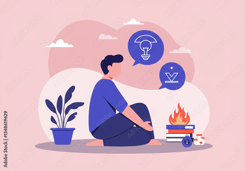 Naklejka premium Man Sitting Cartoon Illustration with Books and Idea Generating Theme
