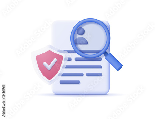 Document with shield under magnifying glass. Vector 3d illustration.