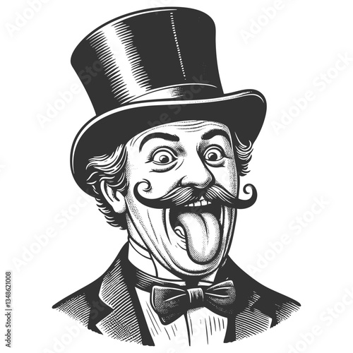 Silly stupid facial expression gentleman with curled mustache and top hat sticking out his tongue sketch engraving generative ai vector illustration. Scratch board imitation. Black and white image.
