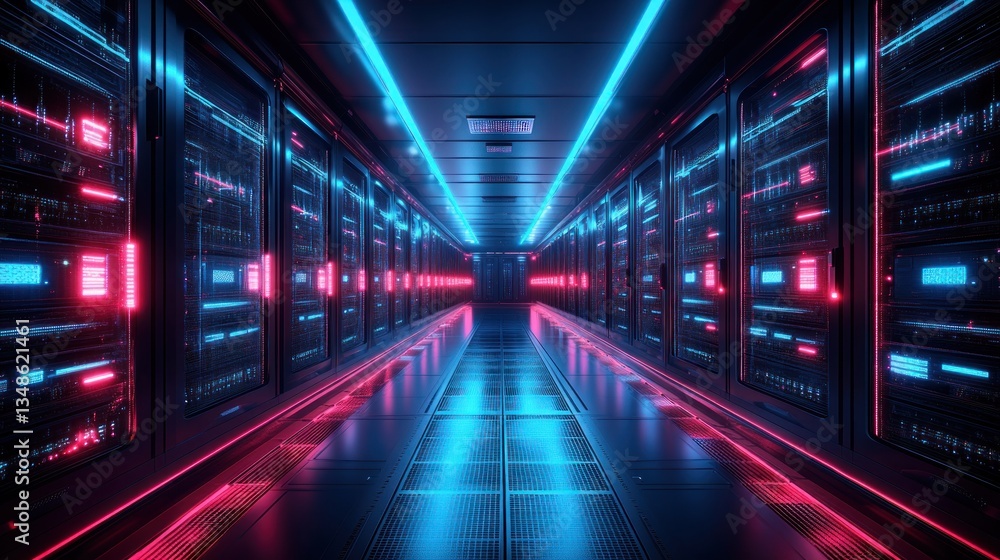 Fototapeta premium Neon-Lit Server Room: A Glimpse into the Digital Core