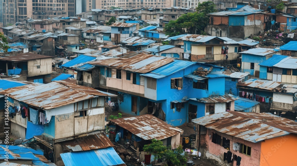 Fototapeta premium An overcrowded slum stretches out with crumbling buildings and scattered blue rooftops, reflecting the harsh conditions of urban poverty.