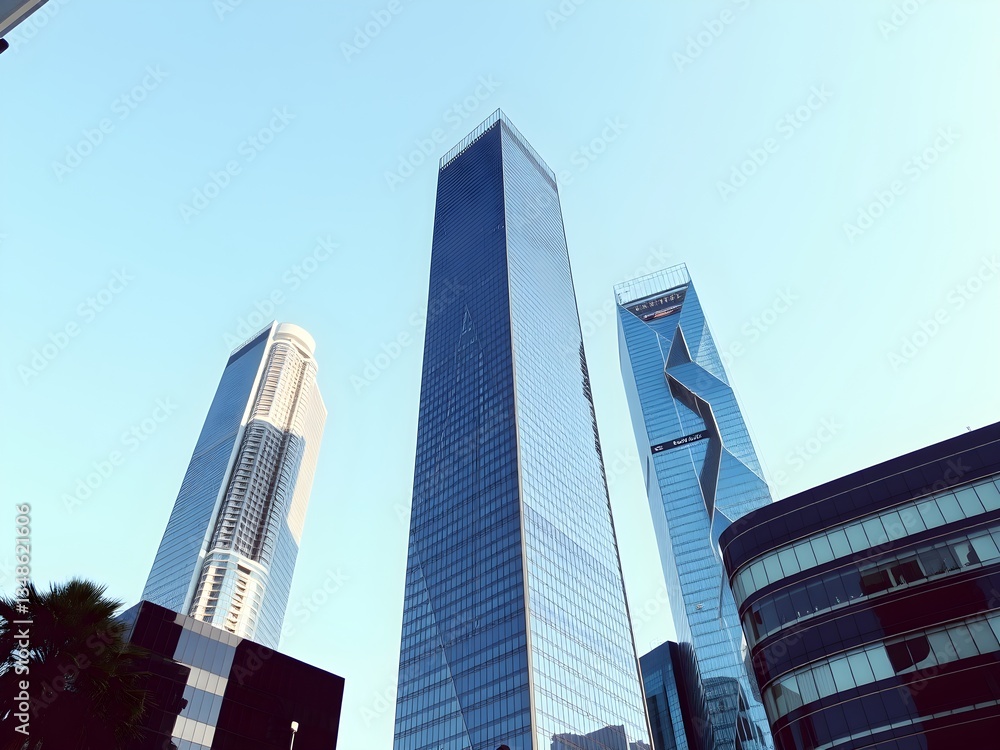 Naklejka premium Corporate office buildings towers skyscrapers low angle