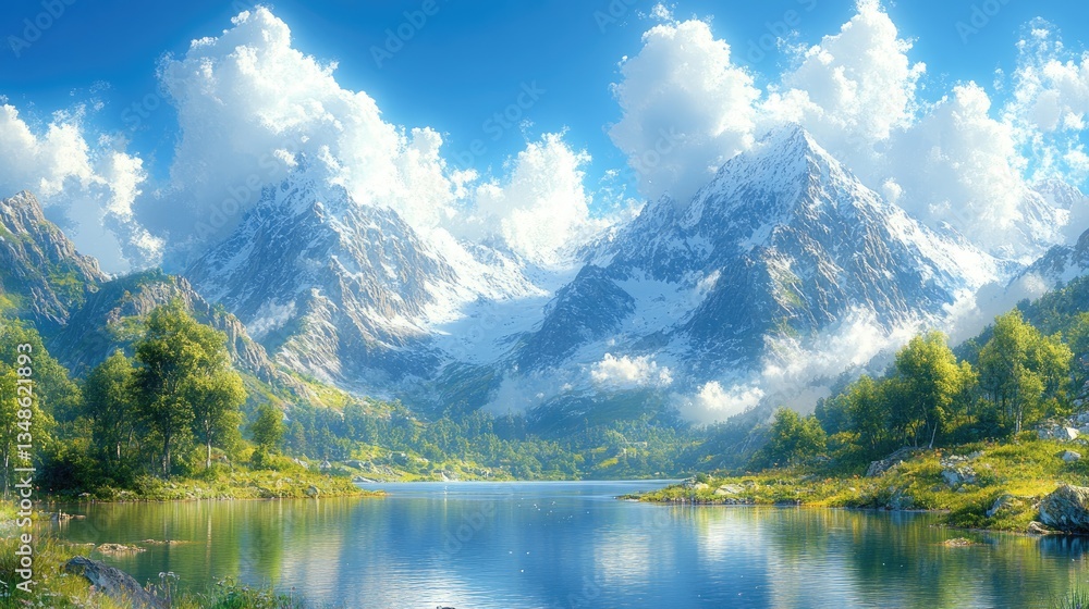 Serene mountain landscape with crystal clear lake reflecting majestic peaks and lush greenery under a bright blue sky