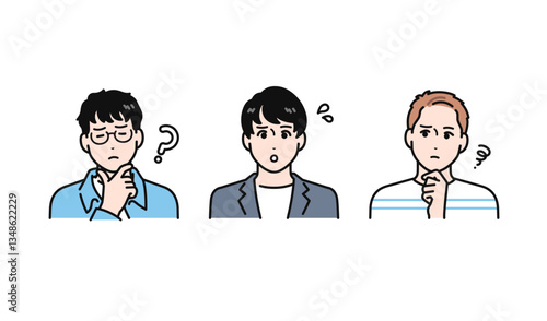 悩むカジュアルな若い男性3人のシンプルなベクターイラストセット