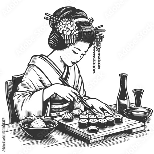 Japanese woman in a kimono using chopsticks to eat sushi and udon noodles sketch engraving generative ai fictional character vector illustration. Scratch board imitation. Black and white image.